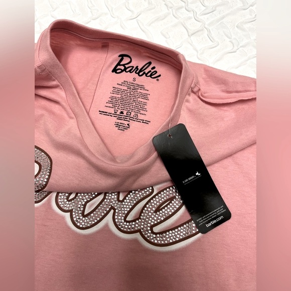 NWT 💖🌸 BARBIE rhinestones pink cropped top shirt - Picture 8 of 14